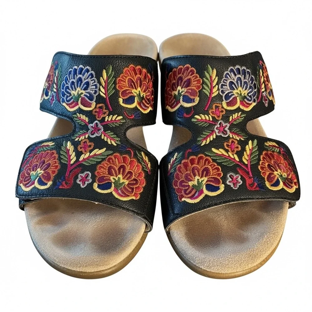Alegria LIN-601N Floral Embroidered Leather Wedge Sandals Black Multicolor EU 38
